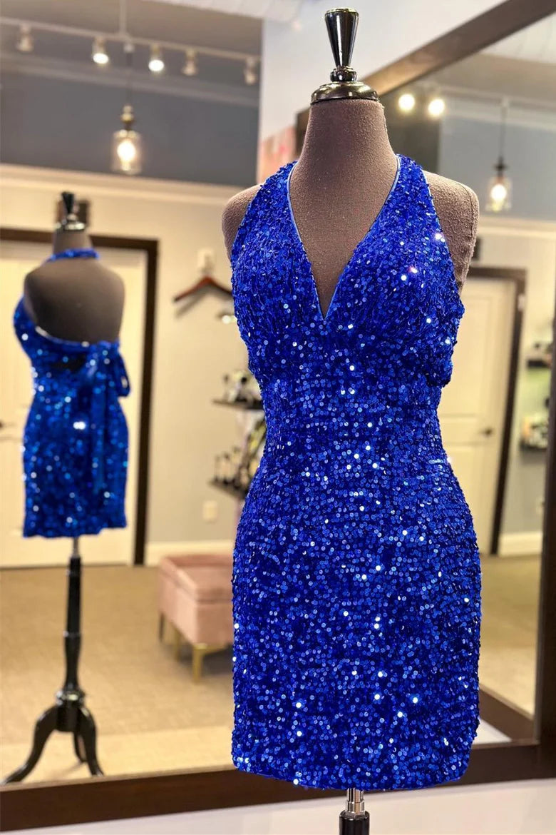Vestido corto de fiesta con lentejuelas, cuello halter y lazo en la espalda